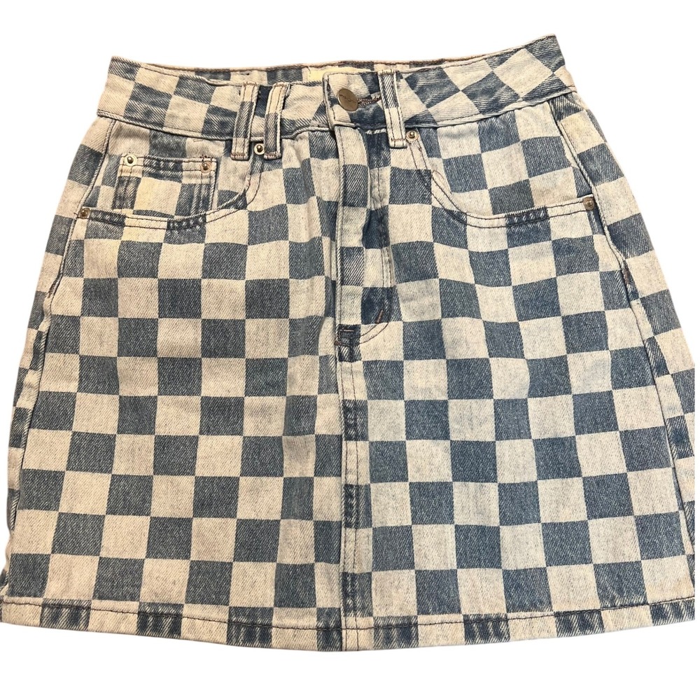 Insight Denim Mini Skirt Blue White‎ Checkered Print Trendy Skater Girl Size 25